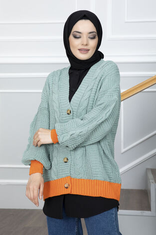Düğmeli Çift Renk Triko Tesettür Hırka Mint - Thumbnail