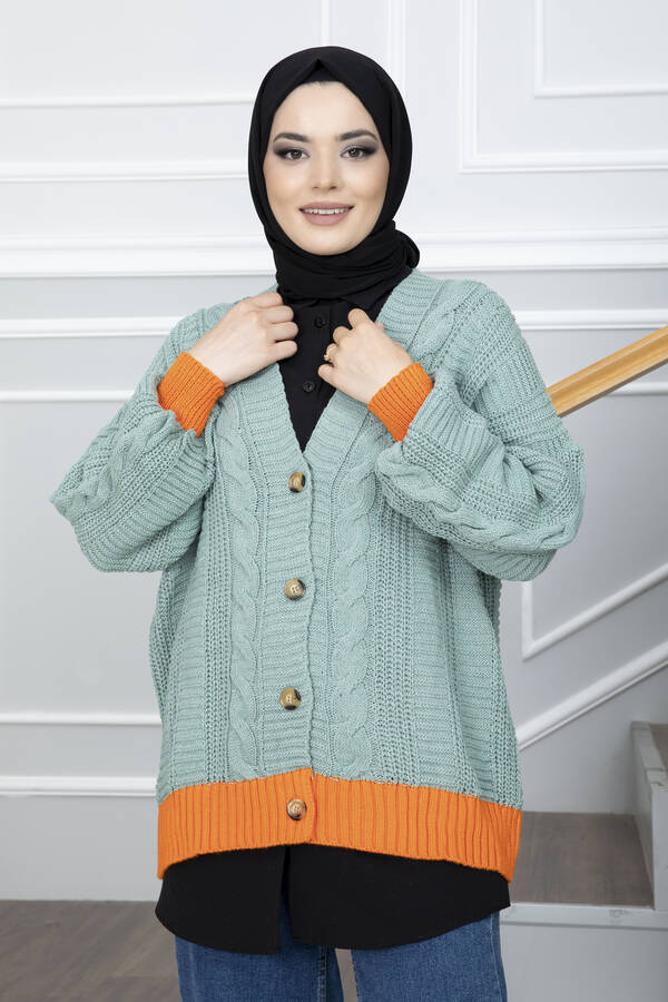 Düğmeli Çift Renk Triko Tesettür Hırka Mint