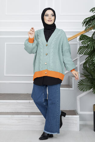Düğmeli Çift Renk Triko Tesettür Hırka Mint - Thumbnail