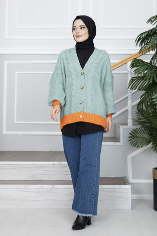 Düğmeli Çift Renk Triko Tesettür Hırka Mint - Thumbnail