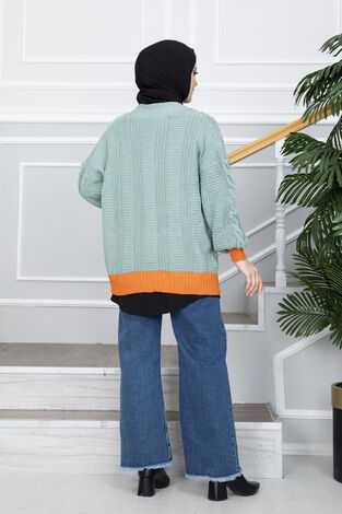 Düğmeli Çift Renk Triko Tesettür Hırka Mint - Thumbnail