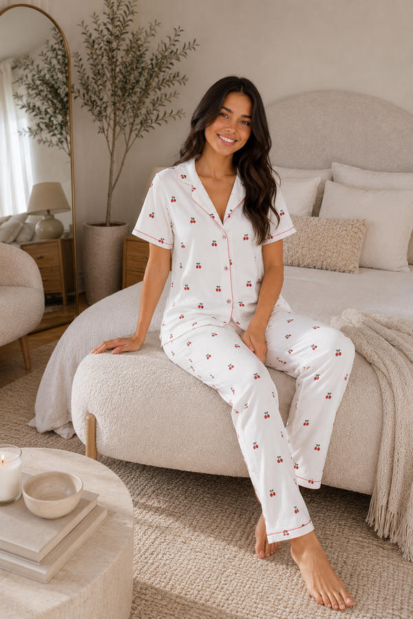 Fms - Düğmeli Desenli Pijama Takımı Ekru