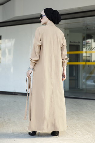 Düğmeli Düz Tesettür Elbise 100MD-10389 Bej - Thumbnail