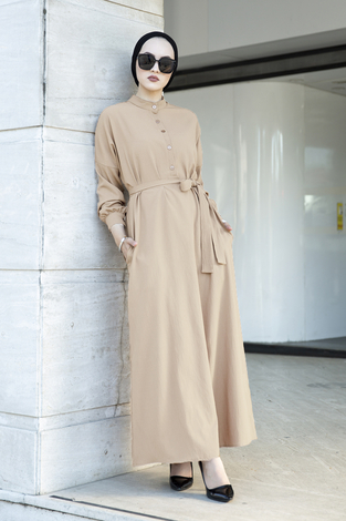 Düğmeli Düz Tesettür Elbise 100MD-10389 Bej - Thumbnail