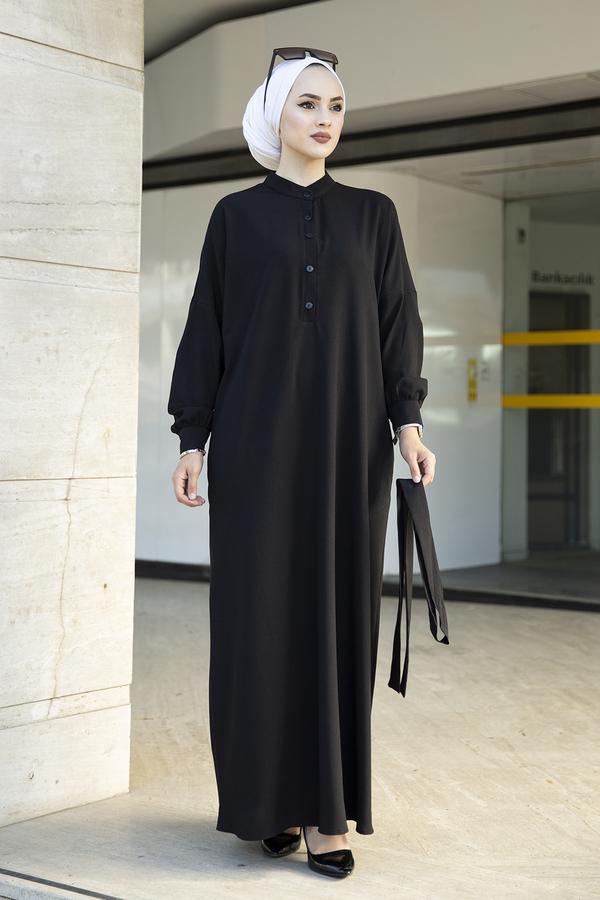 Düğmeli Düz Tesettür Elbise 100MD-10389 Siyah