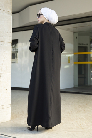Düğmeli Düz Tesettür Elbise 100MD-10389 Siyah - Thumbnail