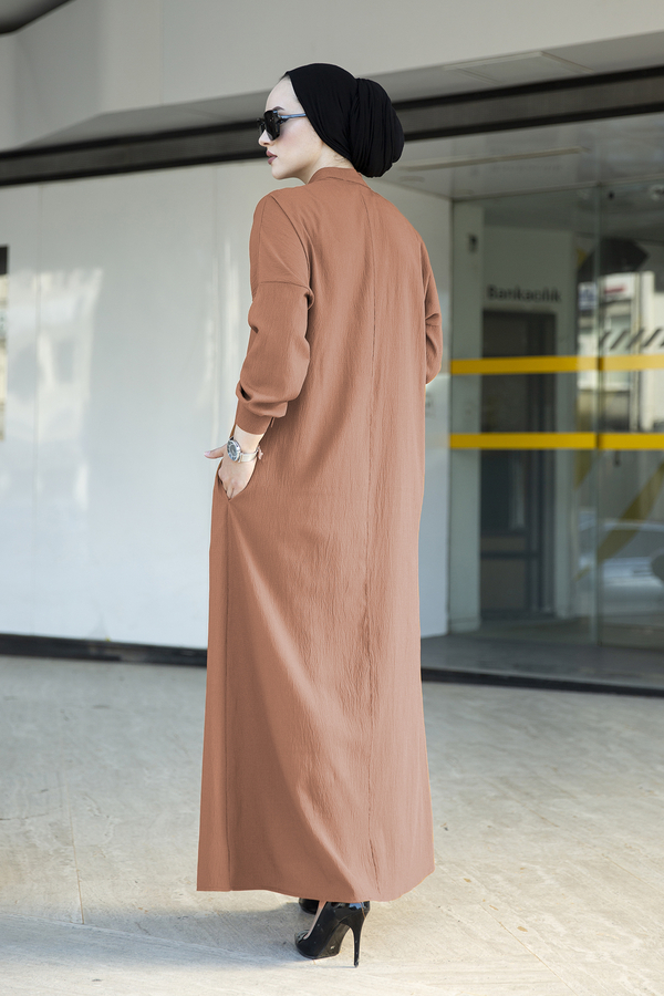 Düğmeli Düz Tesettür Elbise 100MD-10389 Somon