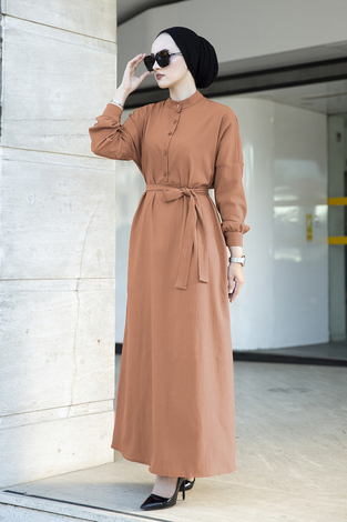 Düğmeli Düz Tesettür Elbise 100MD-10389 Somon - Thumbnail