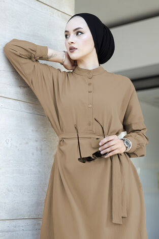 Düğmeli Düz Tesettür Elbise 100MD-10389 Vizon - Thumbnail
