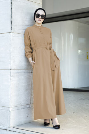 Düğmeli Düz Tesettür Elbise 100MD-10389 Vizon - Thumbnail