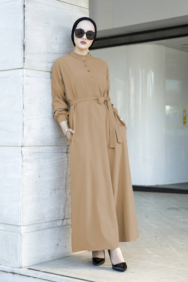 Düğmeli Düz Tesettür Elbise 100MD-10389 Vizon