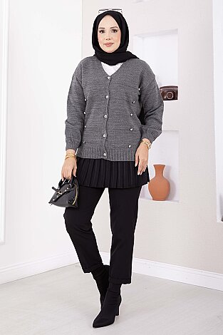Düğmeli Kısa Triko Hırka Füme - 3