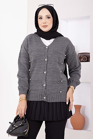 Düğmeli Kısa Triko Hırka Füme - 2