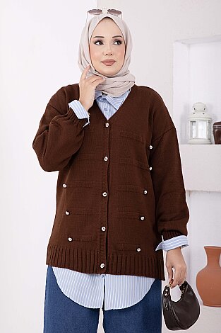 Düğmeli Kısa Triko Hırka Kahve - 2