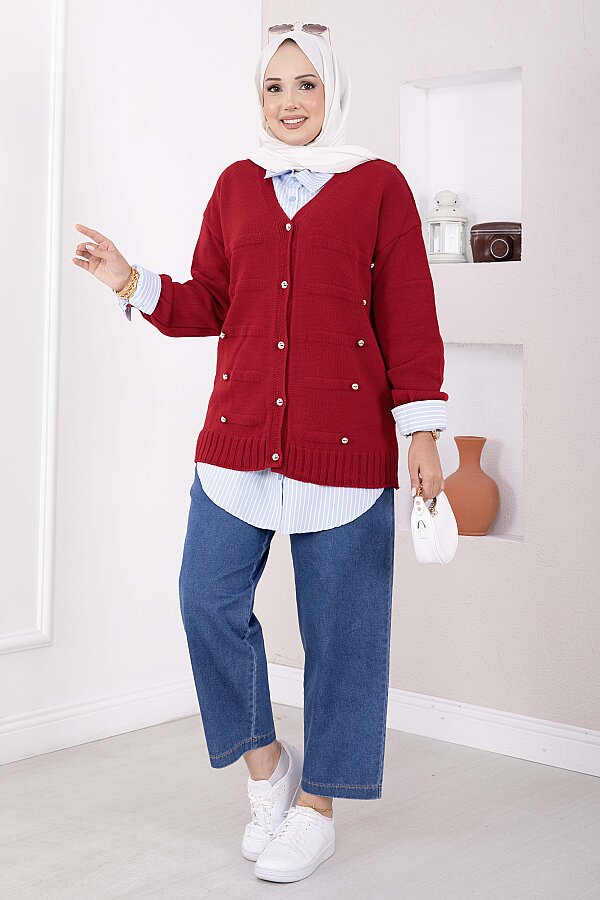 Düğmeli Kısa Triko Hırka Kırmızı - 3