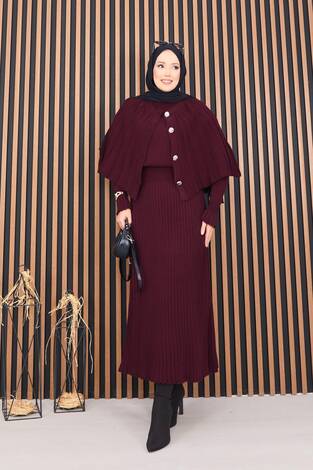 Düğmeli Pelerin & Triko Elbise Tesettür İkili Takım Bordo - Thumbnail