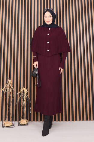 Düğmeli Pelerin & Triko Elbise Tesettür İkili Takım Bordo - Thumbnail