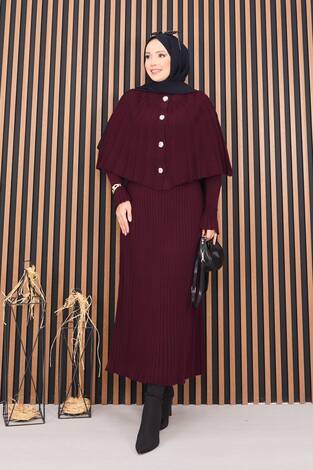 Düğmeli Pelerin & Triko Elbise Tesettür İkili Takım Bordo - Thumbnail