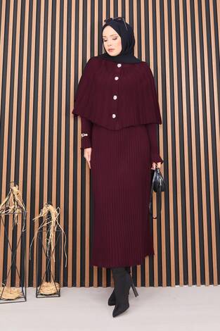 Düğmeli Pelerin & Triko Elbise Tesettür İkili Takım Bordo - Thumbnail