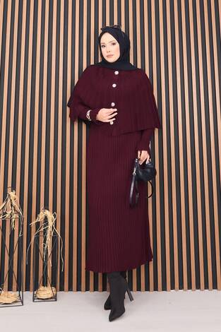 Düğmeli Pelerin & Triko Elbise Tesettür İkili Takım Bordo