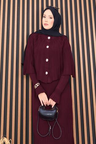 Düğmeli Pelerin & Triko Elbise Tesettür İkili Takım Bordo - Thumbnail