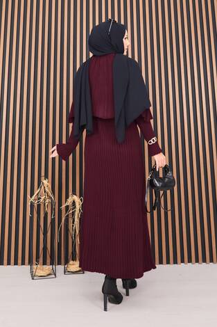Düğmeli Pelerin & Triko Elbise Tesettür İkili Takım Bordo - Thumbnail