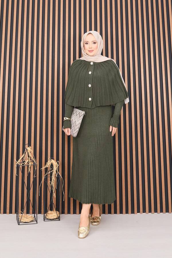 RAF - Düğmeli Pelerin & Triko Elbise Tesettür İkili Takım Haki