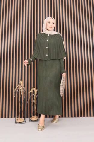 Düğmeli Pelerin & Triko Elbise Tesettür İkili Takım Haki - Thumbnail