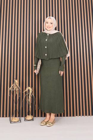 Düğmeli Pelerin & Triko Elbise Tesettür İkili Takım Haki - Thumbnail