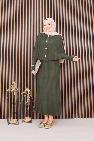 Düğmeli Pelerin & Triko Elbise Tesettür İkili Takım Haki - Thumbnail