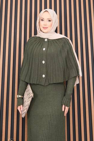 Düğmeli Pelerin & Triko Elbise Tesettür İkili Takım Haki - Thumbnail