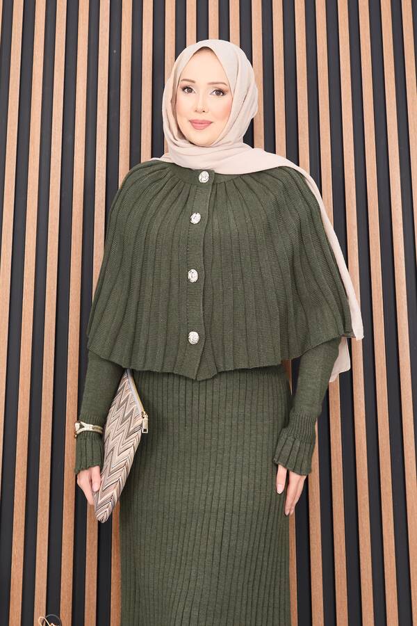 RAF - Düğmeli Pelerin & Triko Elbise Tesettür İkili Takım Haki (1)
