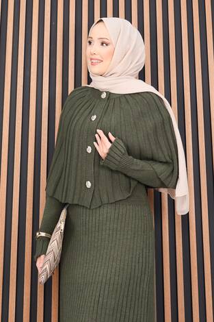 Düğmeli Pelerin & Triko Elbise Tesettür İkili Takım Haki - Thumbnail