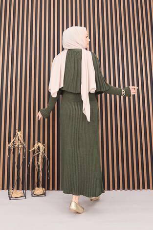 Düğmeli Pelerin & Triko Elbise Tesettür İkili Takım Haki - Thumbnail