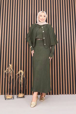Düğmeli Pelerin & Triko Elbise Tesettür İkili Takım Haki - Thumbnail