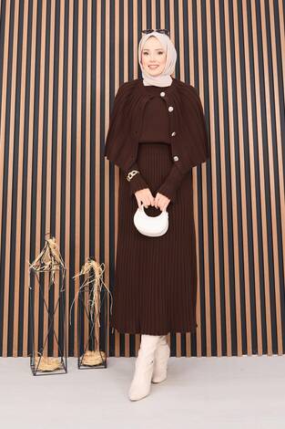 Düğmeli Pelerin & Triko Elbise Tesettür İkili Takım Kahve - Thumbnail