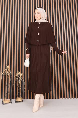 Düğmeli Pelerin & Triko Elbise Tesettür İkili Takım Kahve - Thumbnail