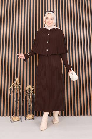 Düğmeli Pelerin & Triko Elbise Tesettür İkili Takım Kahve - Thumbnail