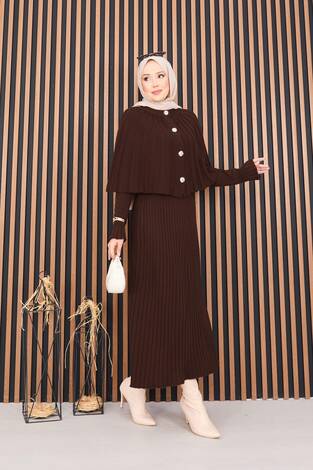 Düğmeli Pelerin & Triko Elbise Tesettür İkili Takım Kahve