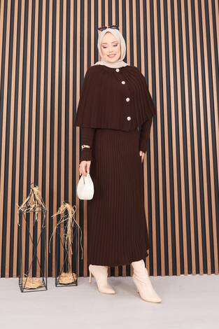 Düğmeli Pelerin & Triko Elbise Tesettür İkili Takım Kahve - Thumbnail