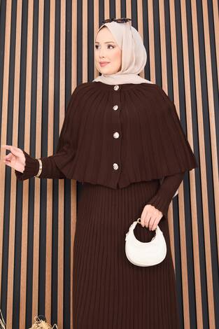 Düğmeli Pelerin & Triko Elbise Tesettür İkili Takım Kahve - Thumbnail