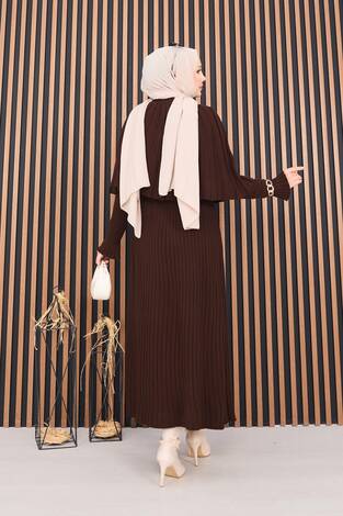 Düğmeli Pelerin & Triko Elbise Tesettür İkili Takım Kahve - Thumbnail