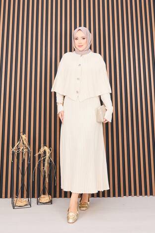 Düğmeli Pelerin & Triko Elbise Tesettür İkili Takım Krem - Thumbnail