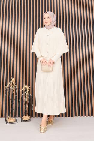 Düğmeli Pelerin & Triko Elbise Tesettür İkili Takım Krem - Thumbnail