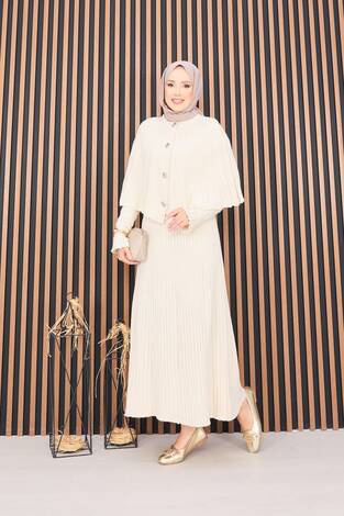 Düğmeli Pelerin & Triko Elbise Tesettür İkili Takım Krem - Thumbnail