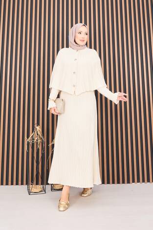 Düğmeli Pelerin & Triko Elbise Tesettür İkili Takım Krem - Thumbnail