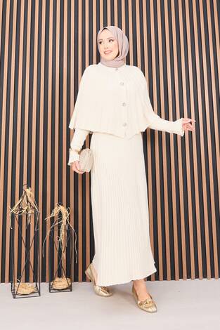 Düğmeli Pelerin & Triko Elbise Tesettür İkili Takım Krem - Thumbnail