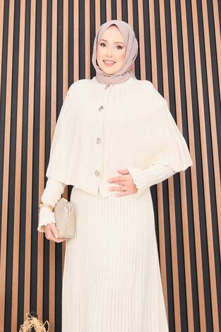 Düğmeli Pelerin & Triko Elbise Tesettür İkili Takım Krem - Thumbnail