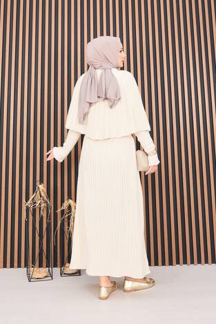 Düğmeli Pelerin & Triko Elbise Tesettür İkili Takım Krem - Thumbnail