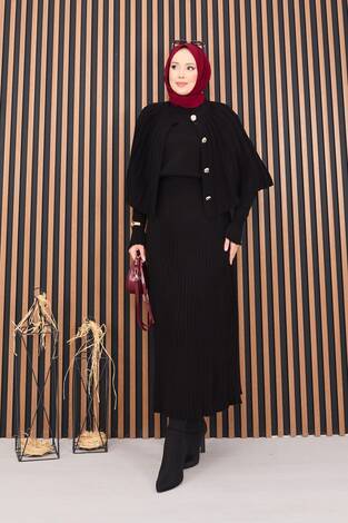 Düğmeli Pelerin & Triko Elbise Tesettür İkili Takım Siyah - Thumbnail